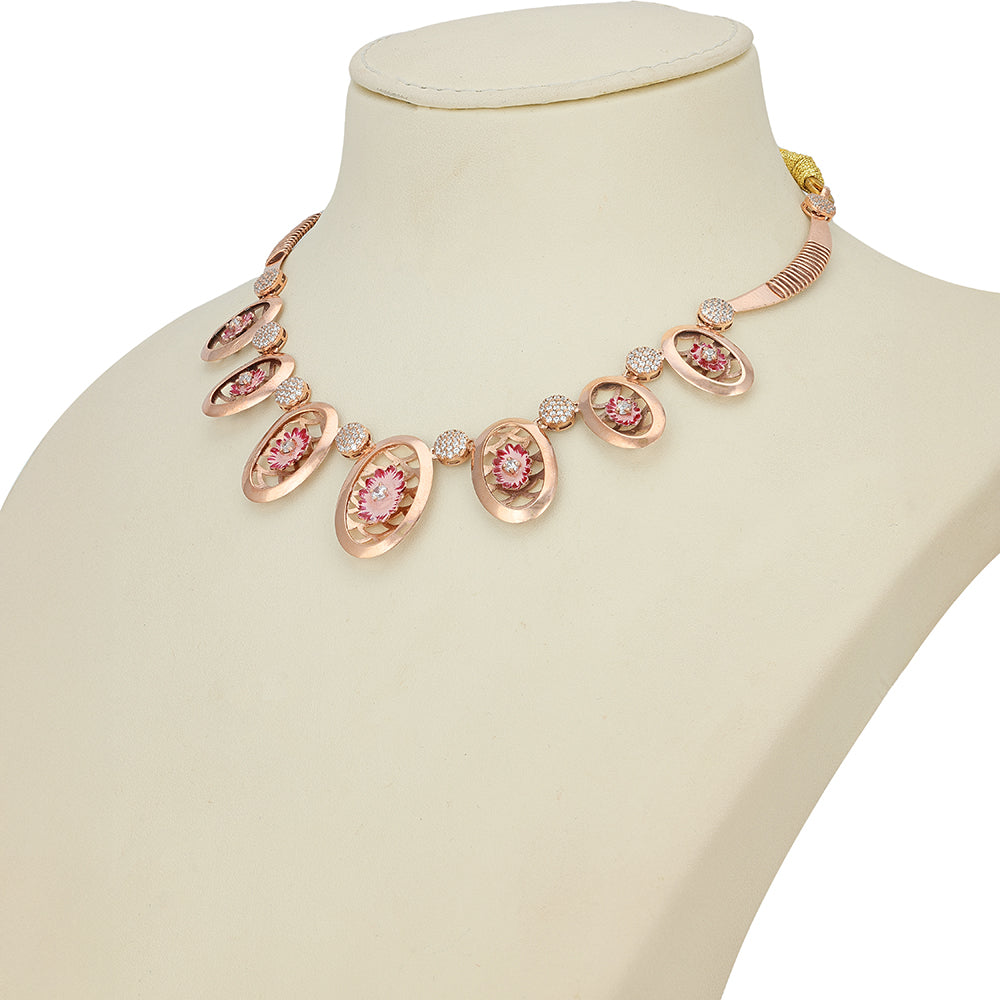 Pink Floral Kundan Style Enamel Oval 925 Silver Necklace for Women