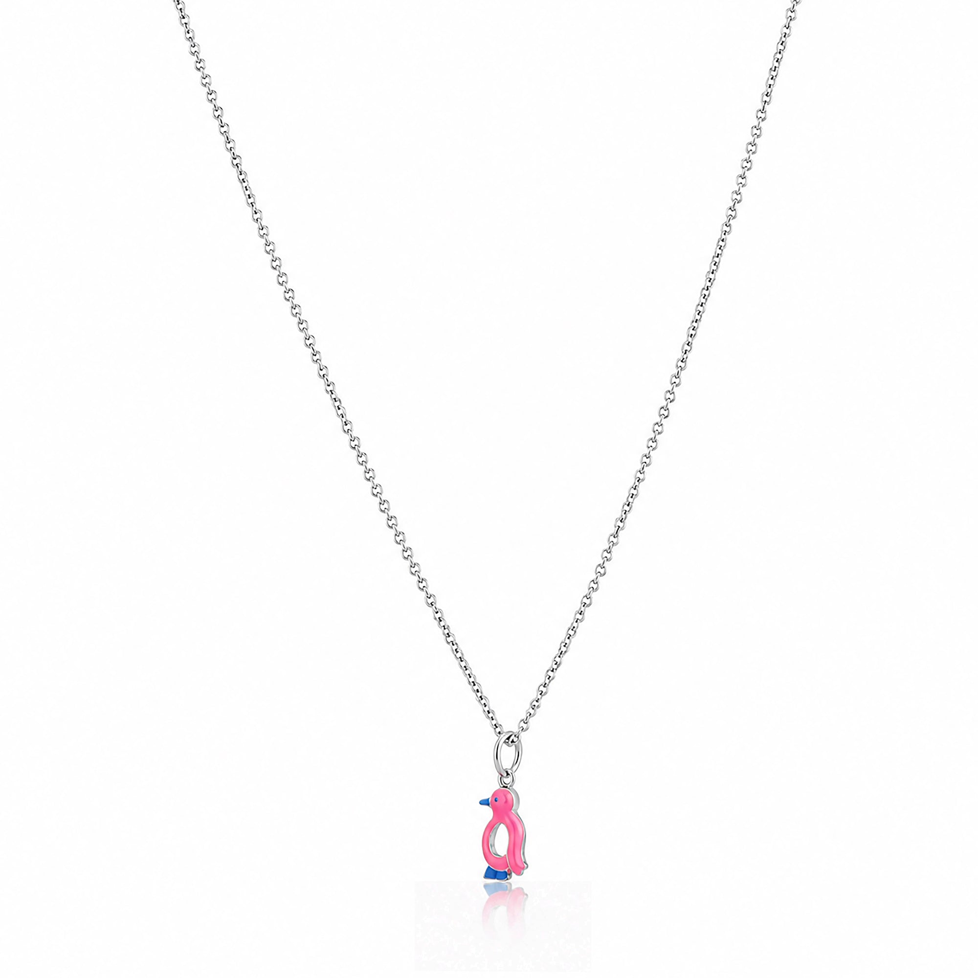 Pink Enamel Penguin Silver Pendant Necklace