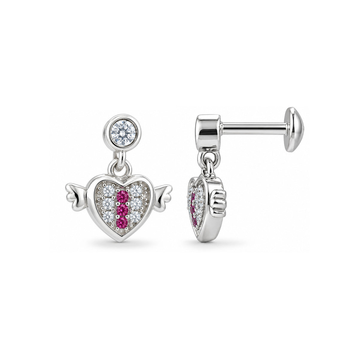 Pink Stone Winged Heart Sterling Silver Earring