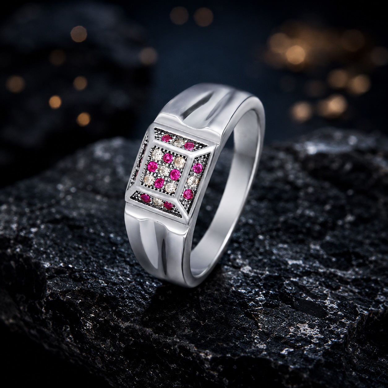 Pink and White Stone Rectangular 925 Silver Ring