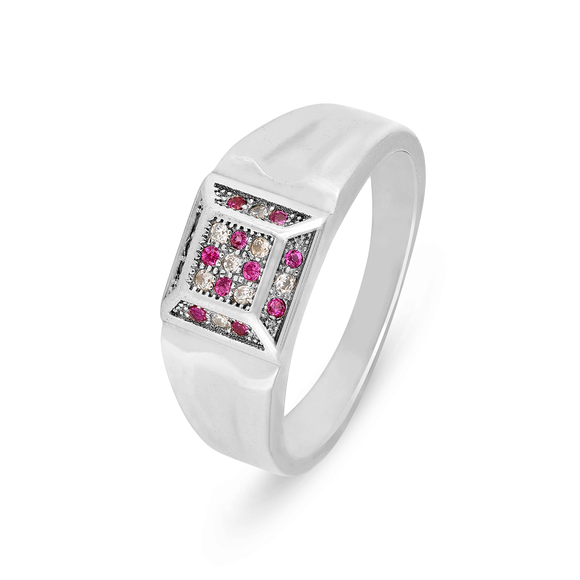 Pink and White Stone Rectangular 925 Silver Ring