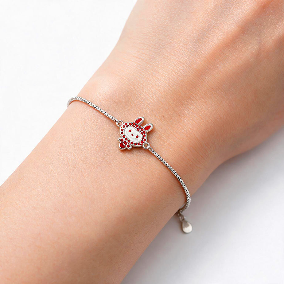 Playful Red Heart Bunny Charm Silver Bracelet