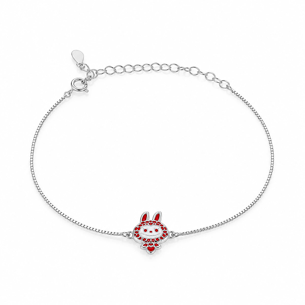 Playful Red Heart Bunny Charm Silver Bracelet