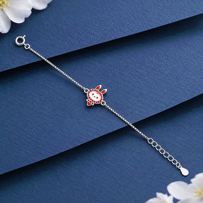 Playful Red Heart Bunny Charm Silver Bracelet