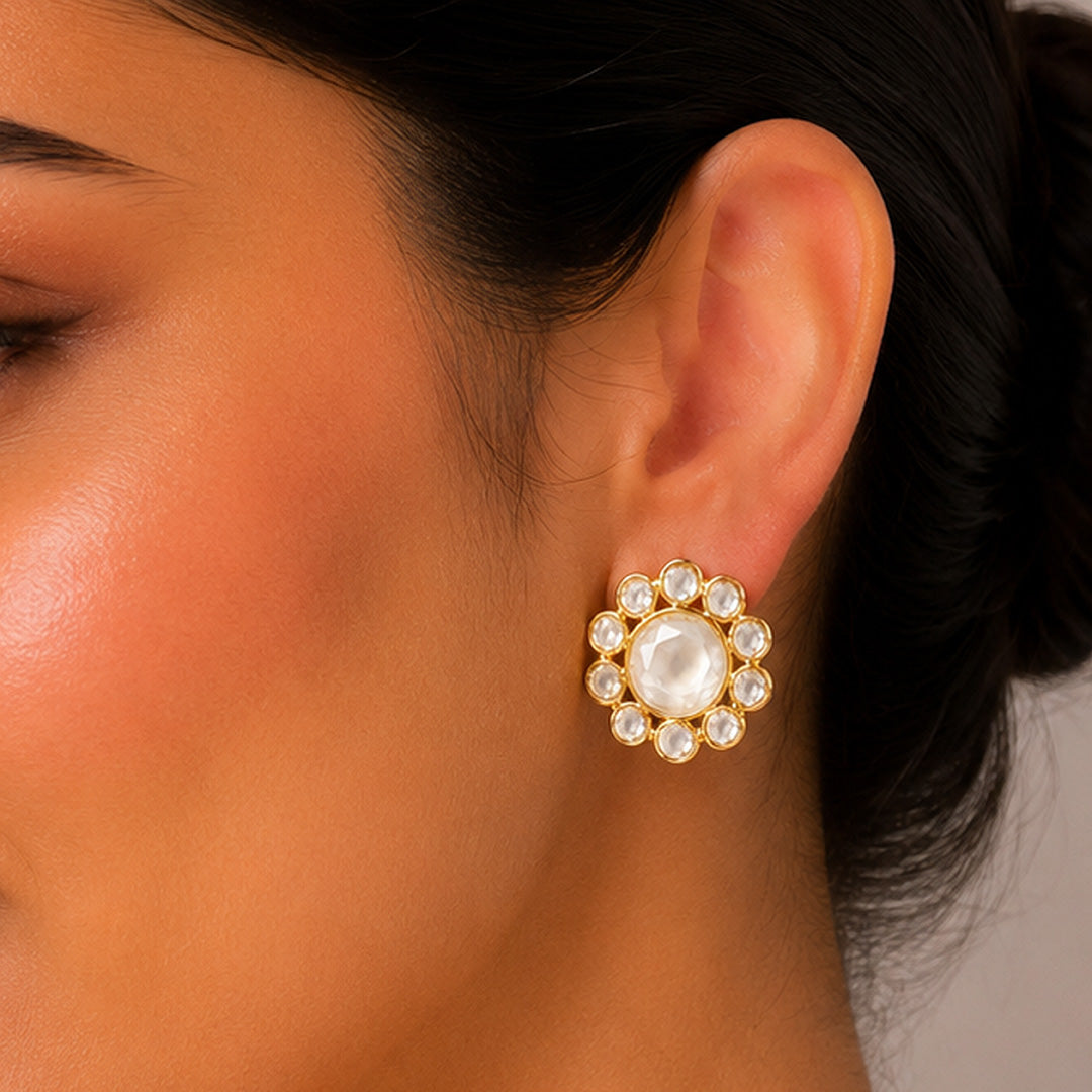 Polki Bloom 925 Sterling Silver Statement Stud Earrings