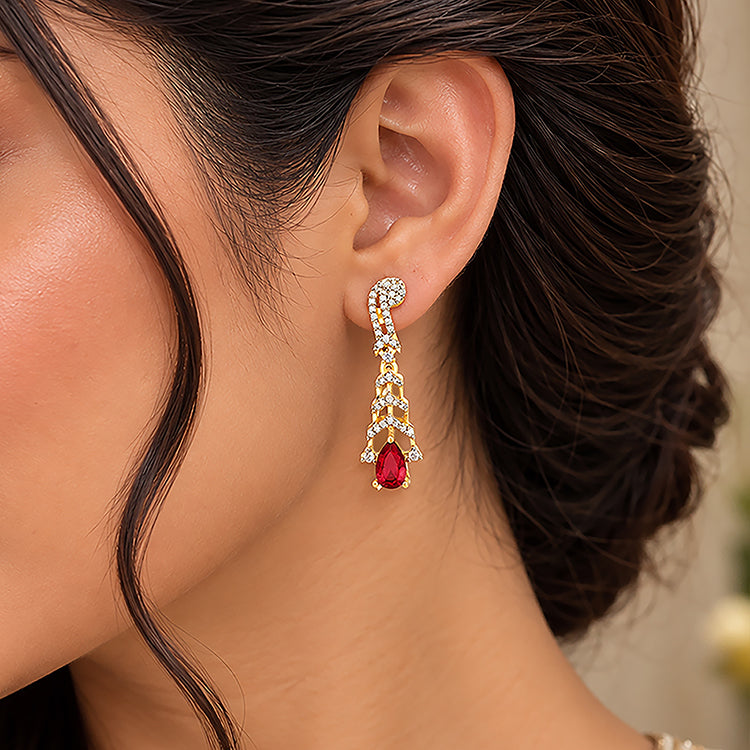 Premium Gold Tone Luxury CZ Statement 925 Sterling Silver Ruby Teardrop Earrings for Women