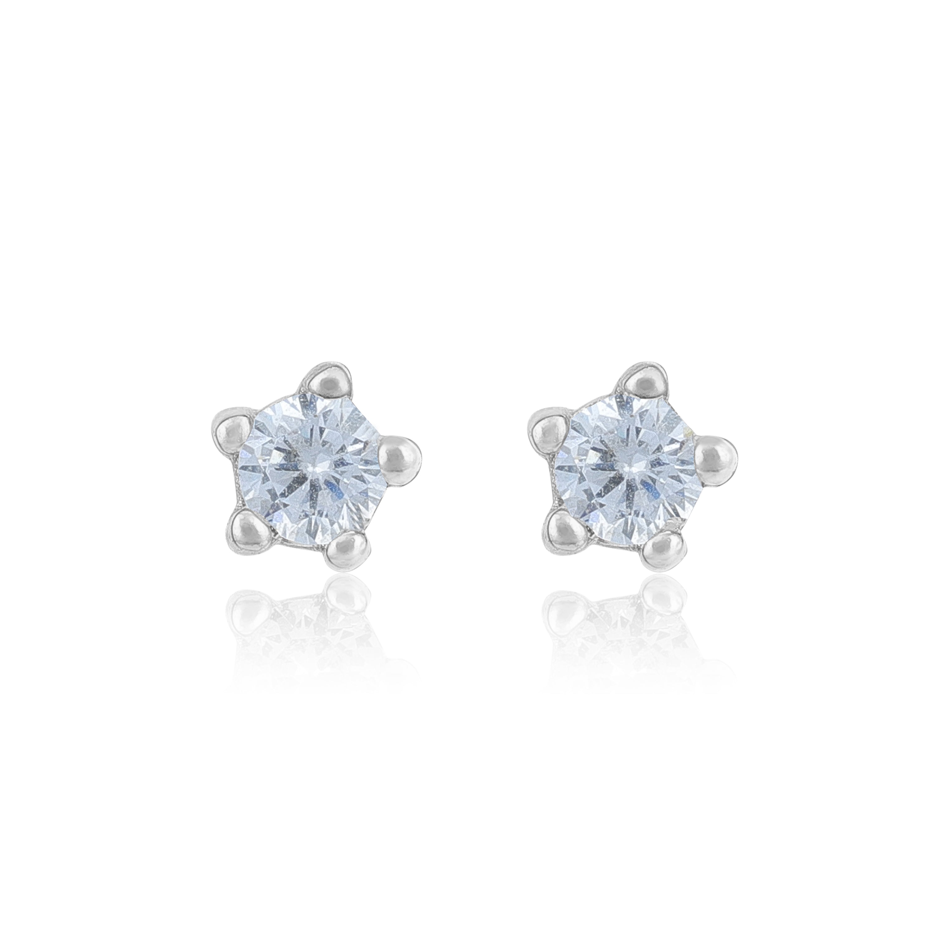 Pair of silver stud earrings with clear gemstones on a white background