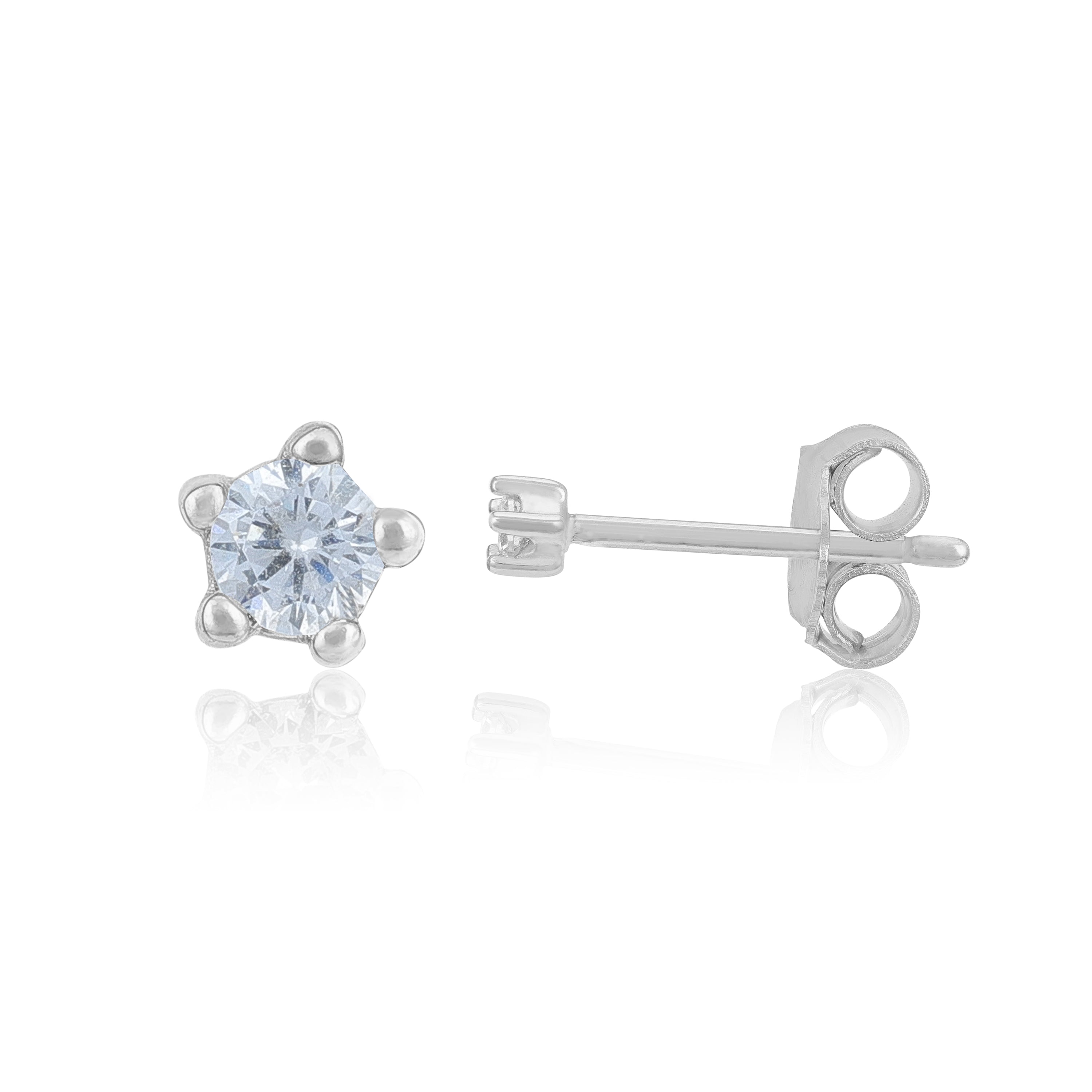 Silver stud earring with a clear gemstone on a white background