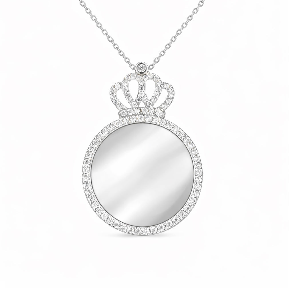 Queen Inspired Crown Crystal Circle 925 Sterling Silver Engraving Pendant for women