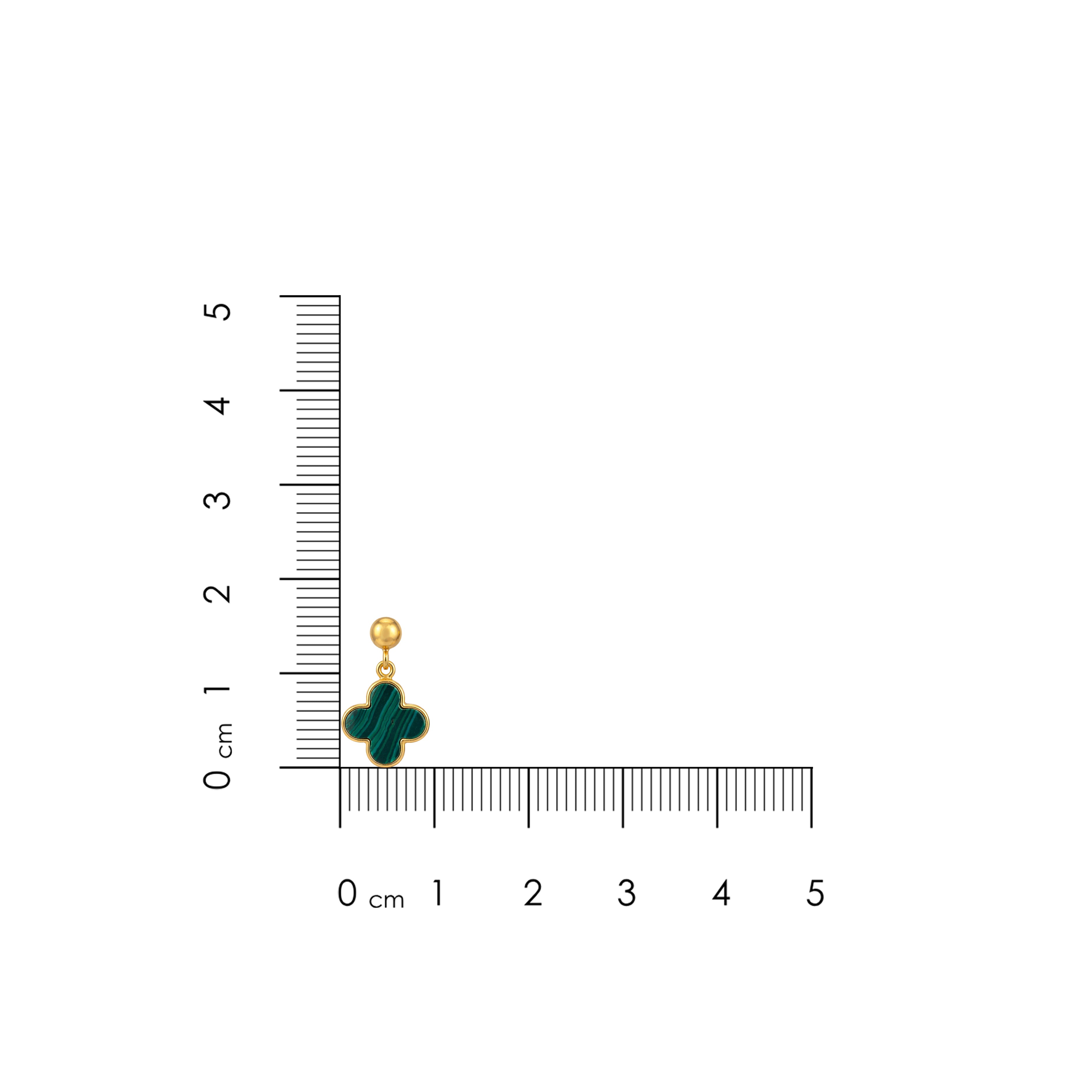 Clover-shaped earring with green gemstone next to a ruler for scale on a white background