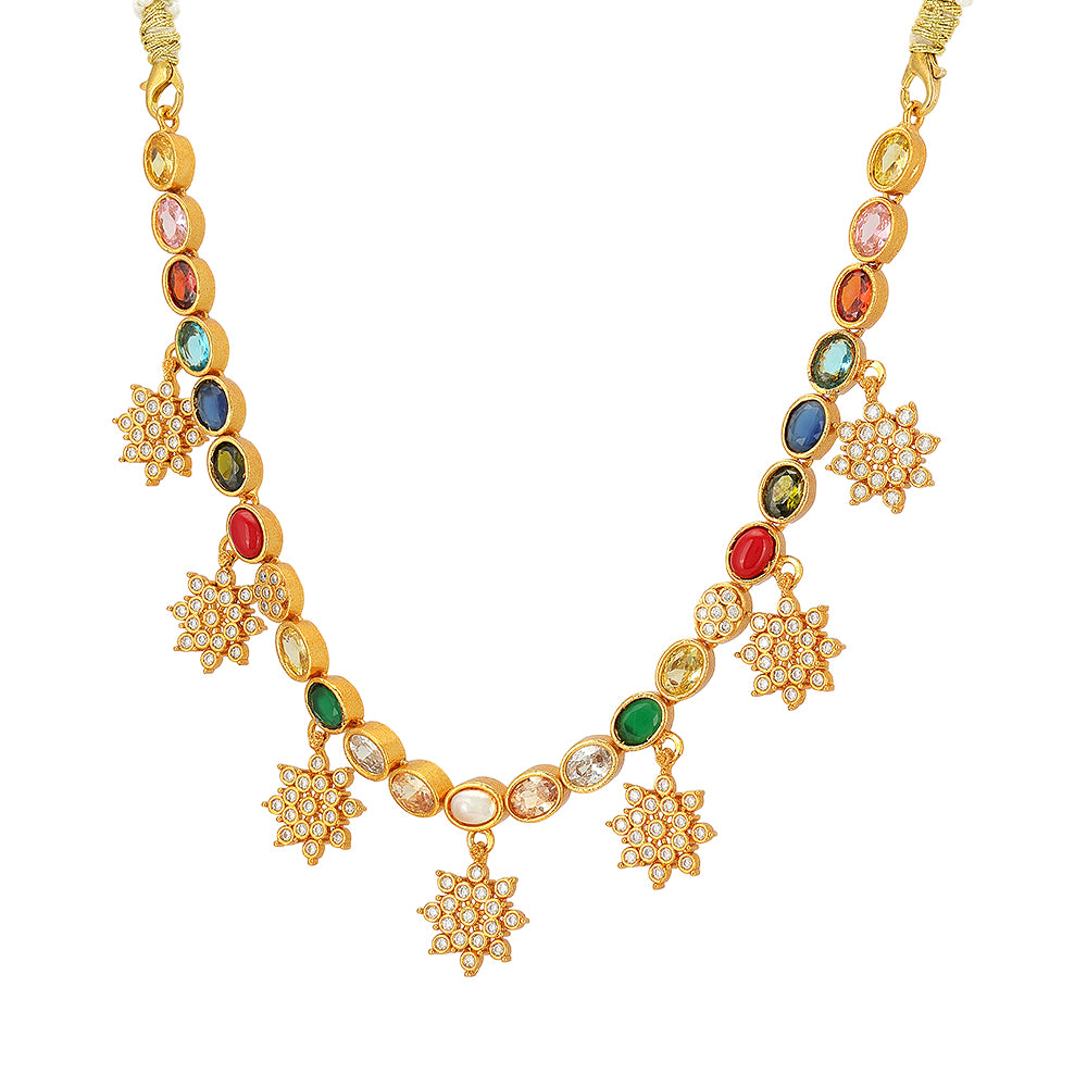 Radiant Navaratna Stone 925 Gold Plated Floral Charm Drop Necklace