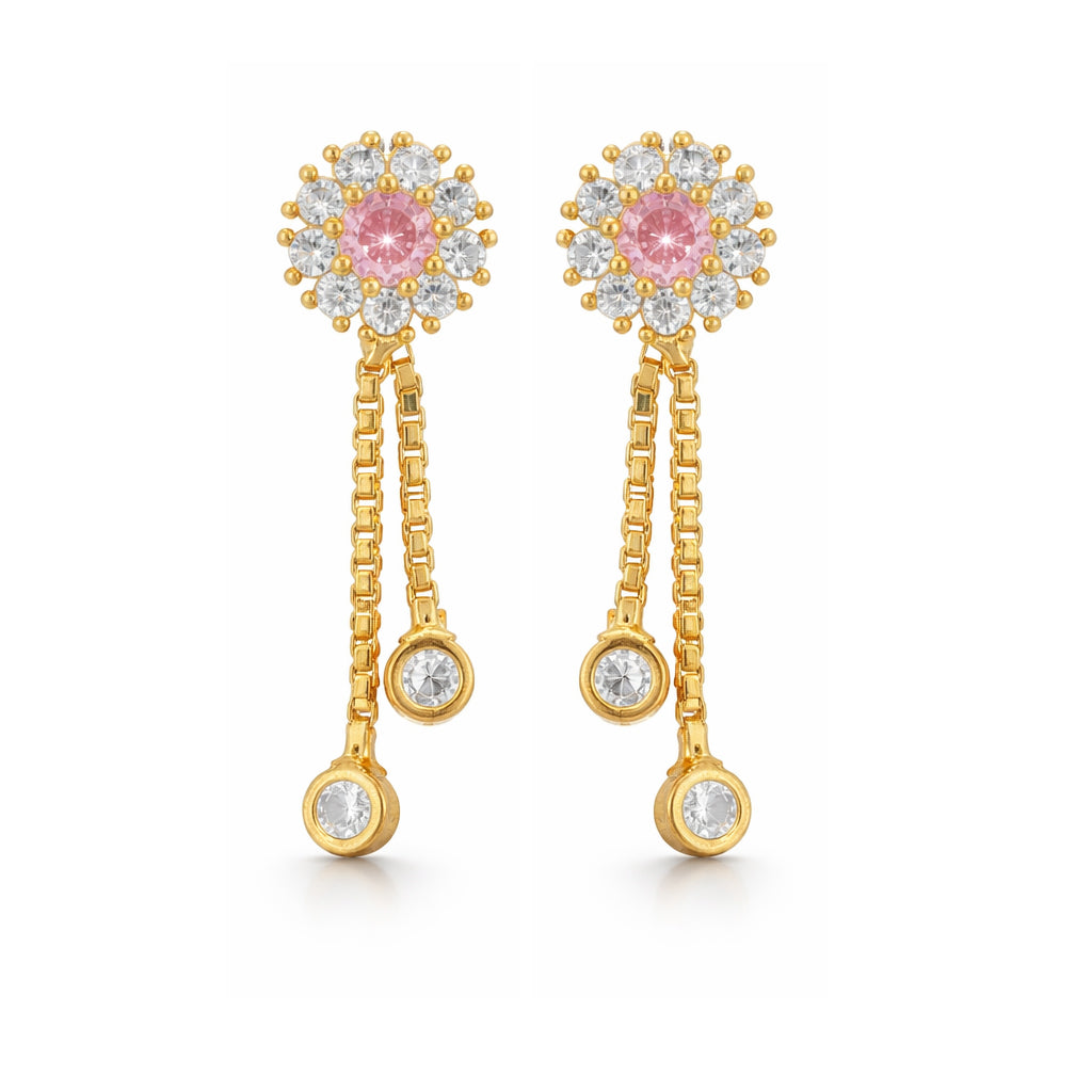 Gold earrings with pink gemstones and dangling chains on a white background