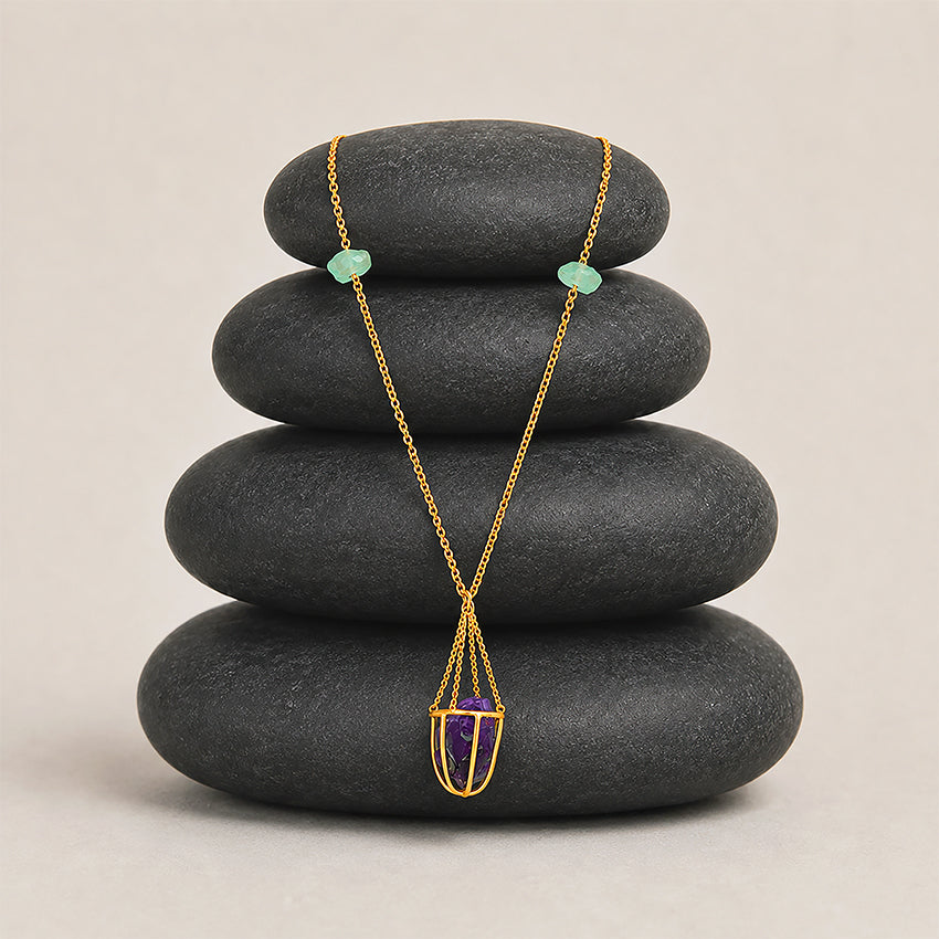 Raw Amethyst Cage Necklace Silver Pendant Chain