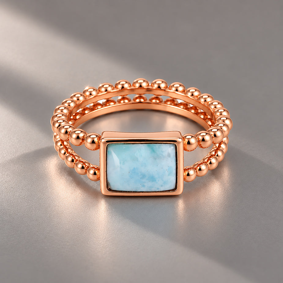Rectangular Aqua Stone Double Beaded 925 Sterling Silver Ring for Women