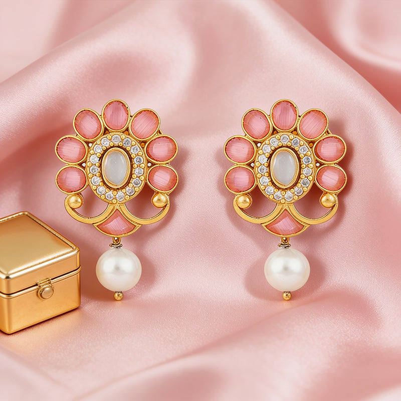 Regal Peach Pearl Floral 925 Sterling Silver Statement Earring