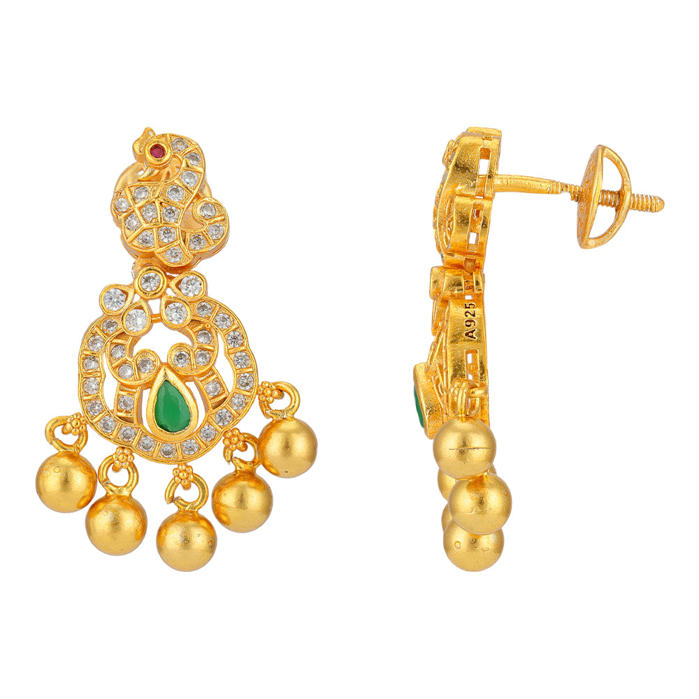 Regal Peacock Grace 925 Gold Plated Green Stone Bead Drop Earrings