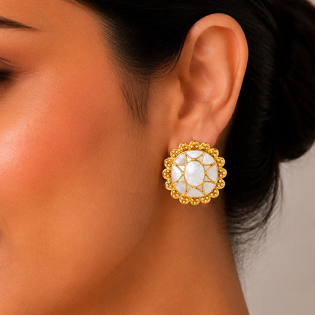 Regal Sunflower 925 Sterling Silver Pearl Stud Earrings
