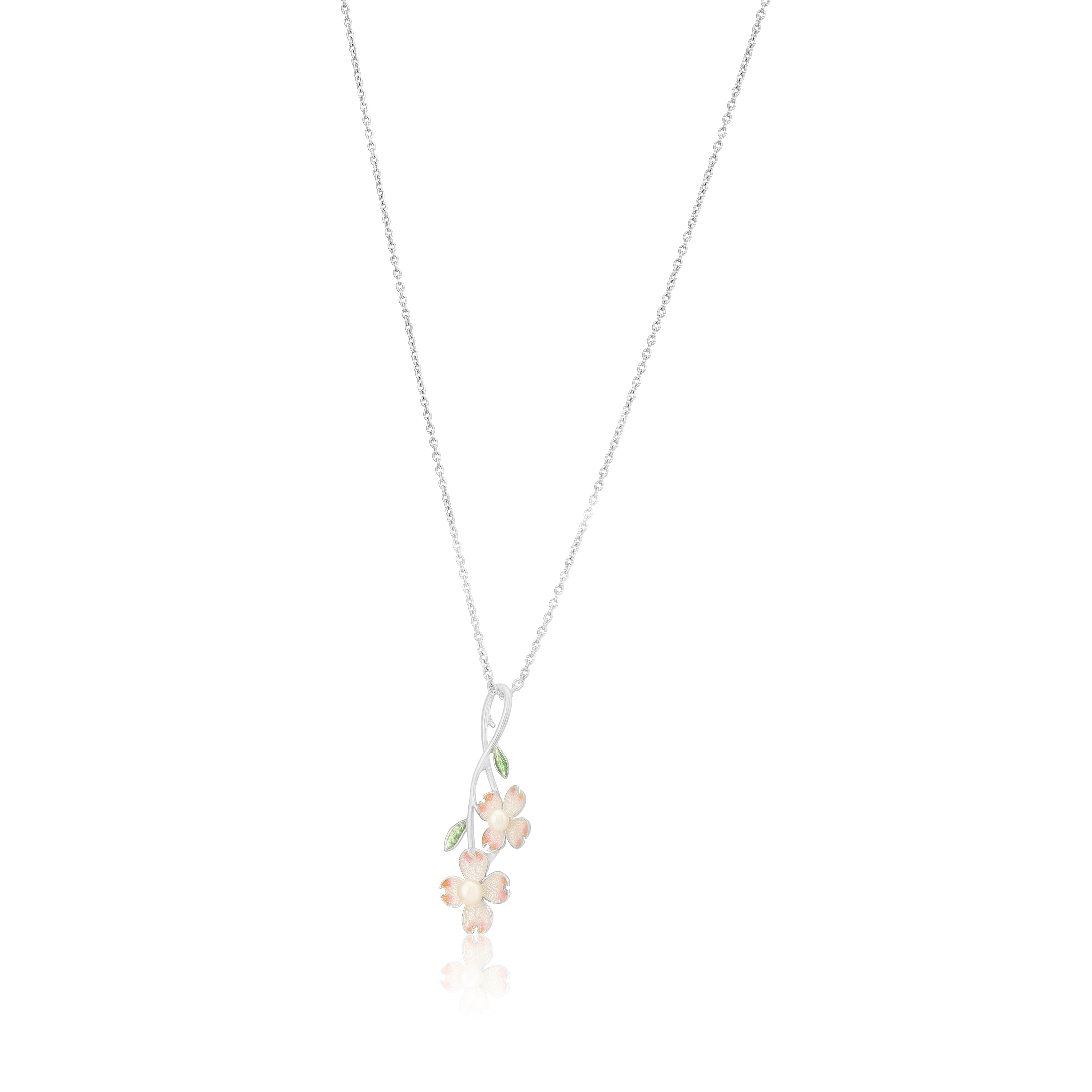 Rhodium Soft Pink Bloom Leaf Detailing Pearl Enamel Chain Pendants