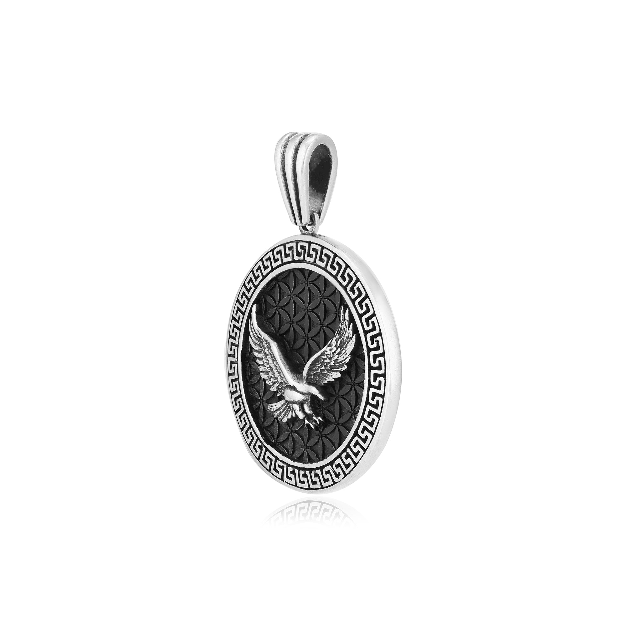 Rhodium Winged Eagle Oxidised Labyrinth Edge Pendant