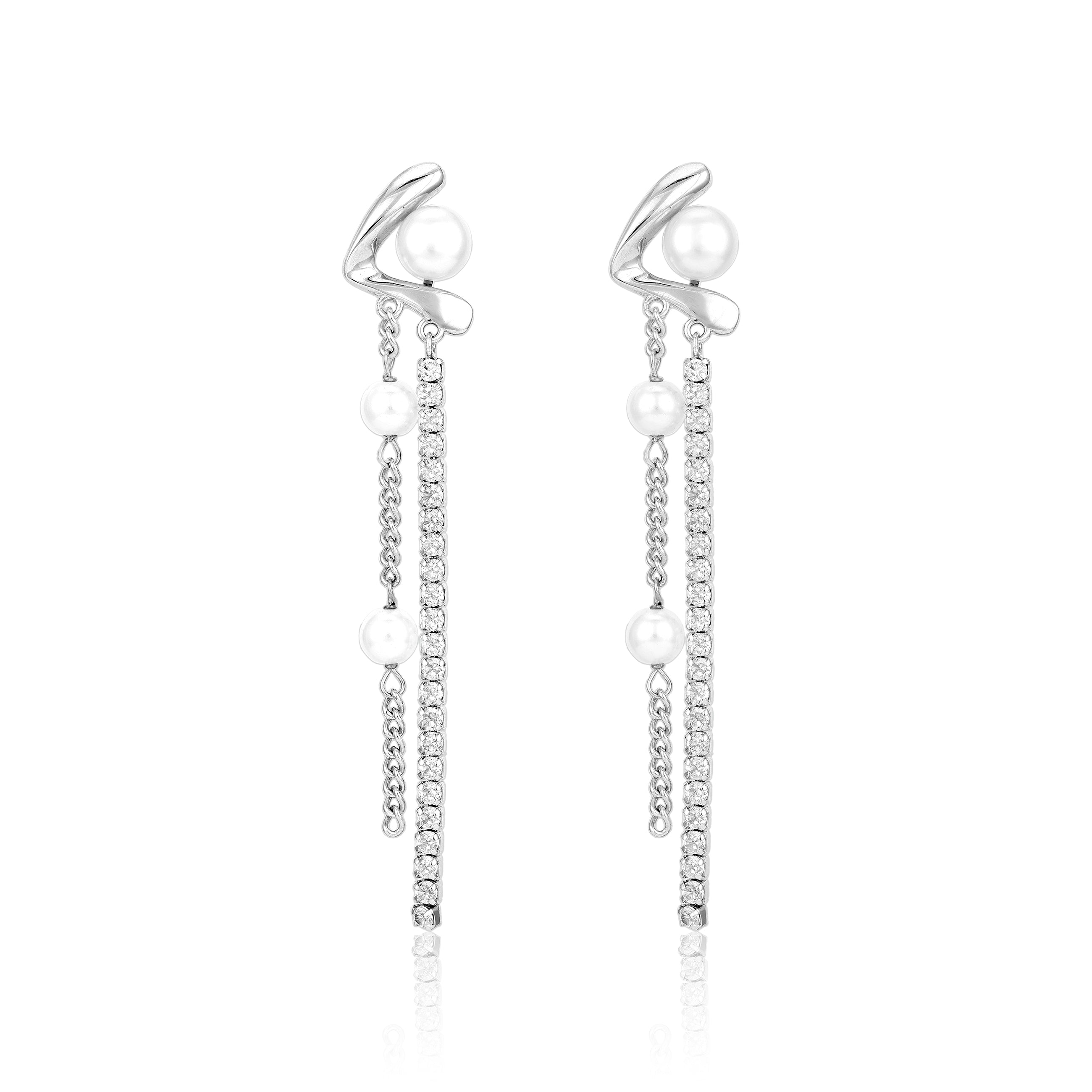 Silver earrings with pearl drops on a white background