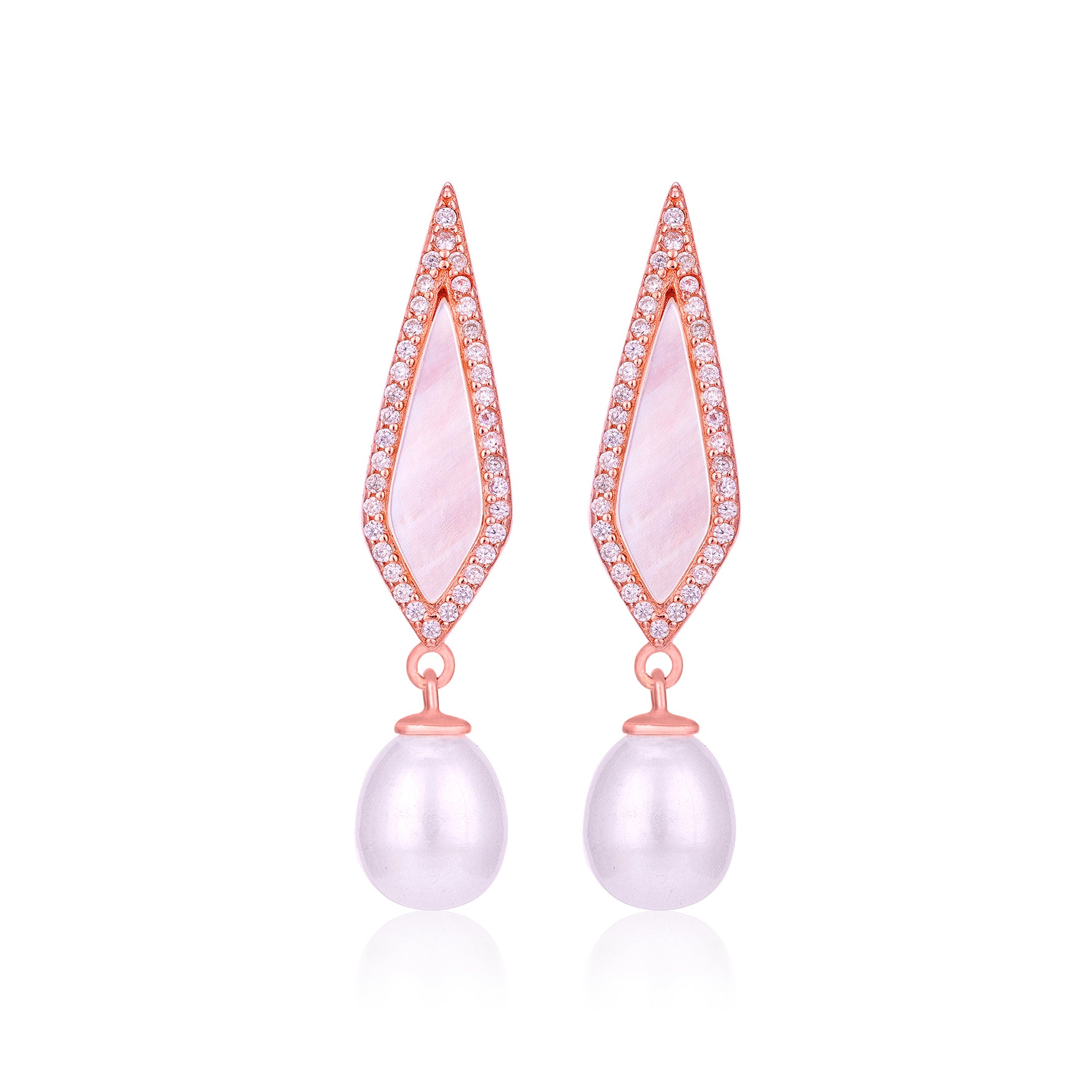 Pair of earrings with rose gold frames, pink gemstones, and pearl drops on a white background