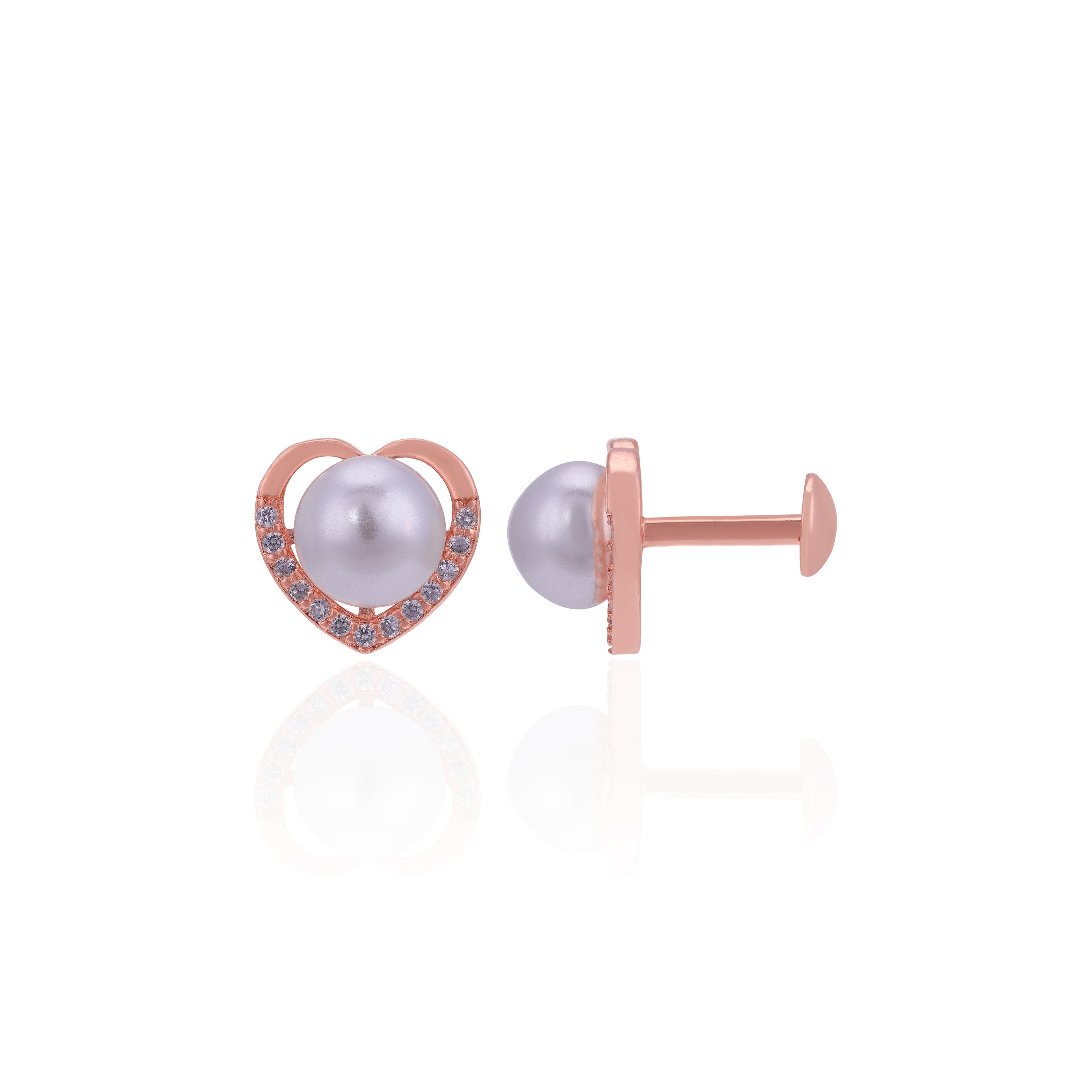 Romantic Rose Gold 925 Sterling Silver Heart Pearl Stud for Women