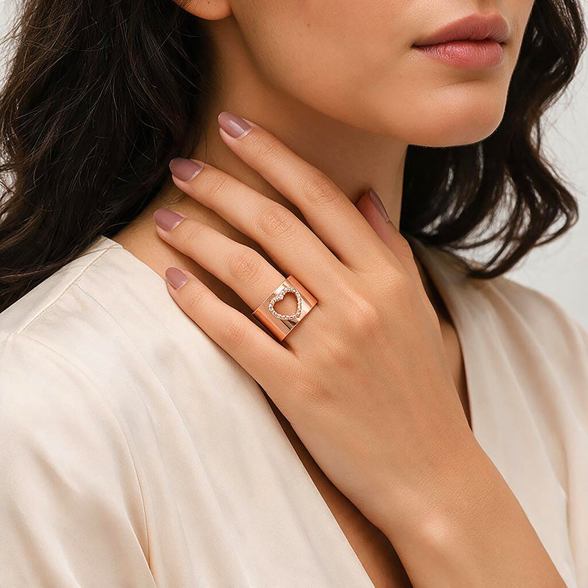 Rose Gold Open Heart Sterling Silver Wide Band Ring