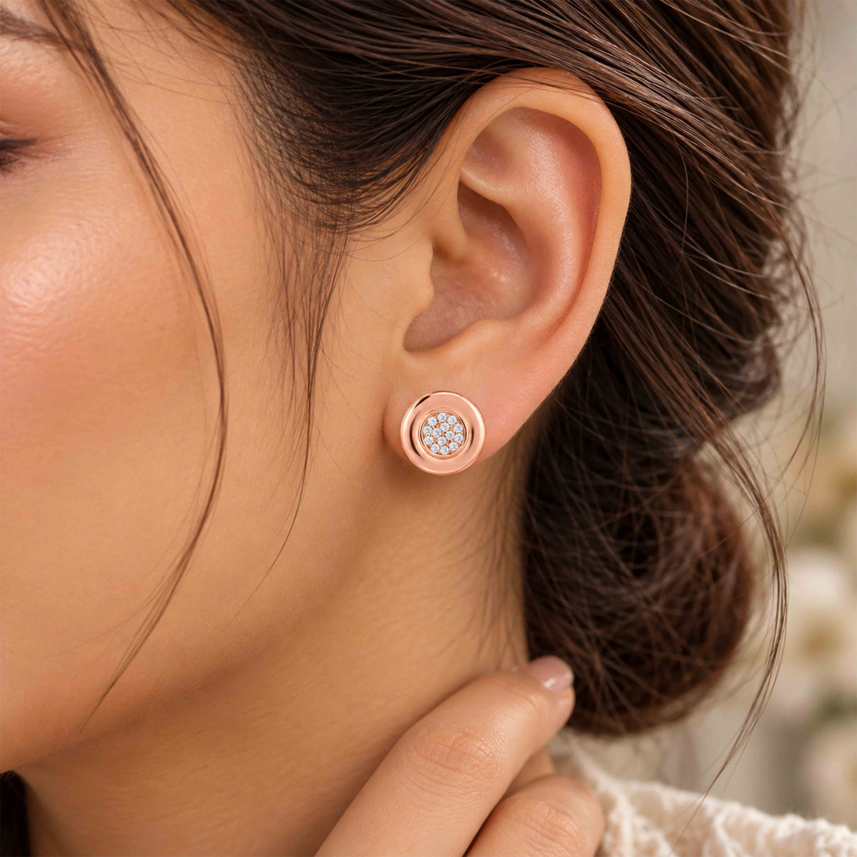 Rose Gold Pave Crystal Disk Silver Earring