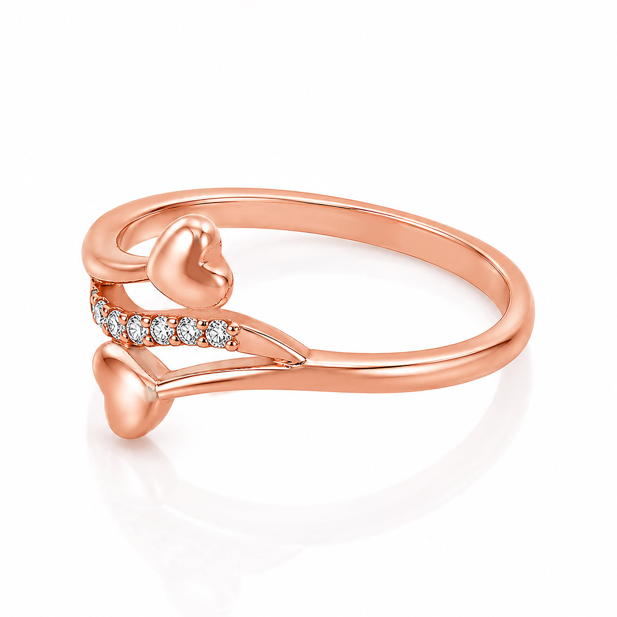 Rose Gold Double Heart Bypass Silver Ring