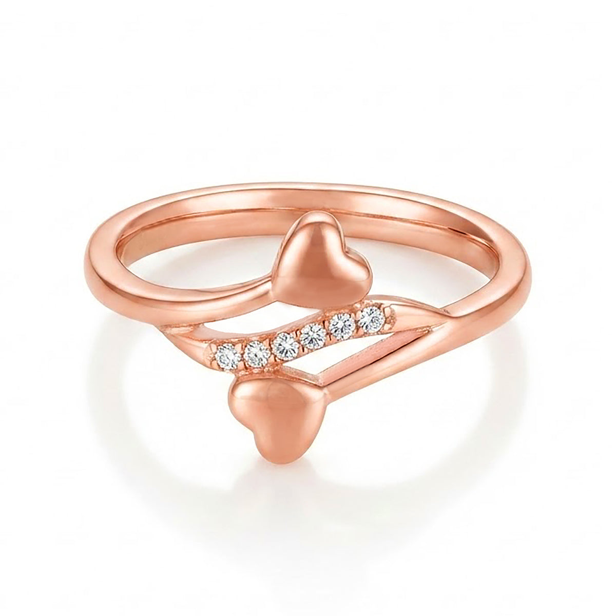 Rose Gold Double Heart Bypass Silver Ring