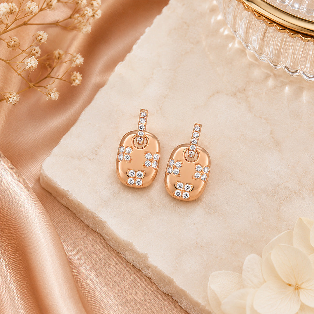 Rose Gold Floral Halo Silver Drop Earrings
