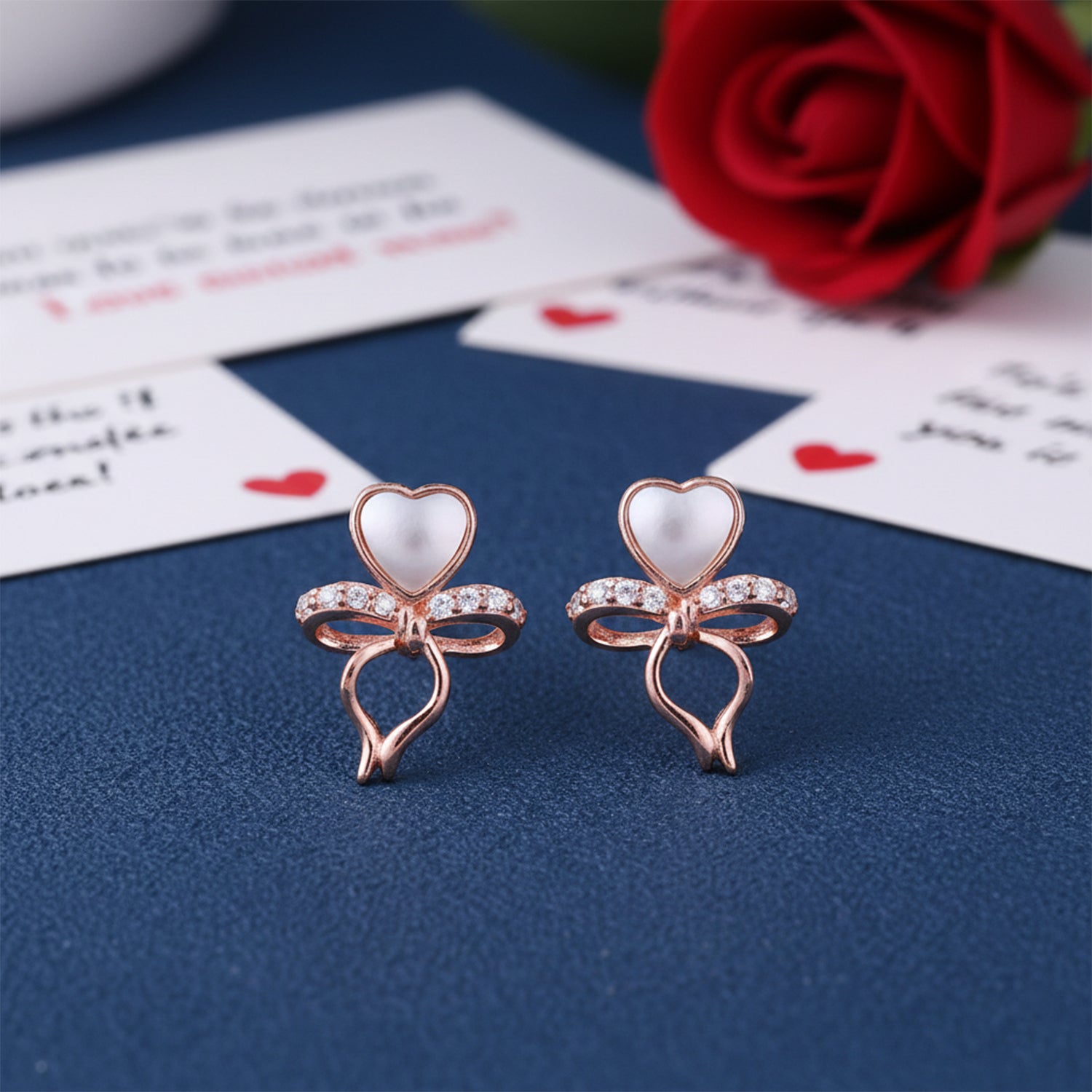Rose Gold Heart 925 Sterling Silver Dangling Bow Earrings for Women