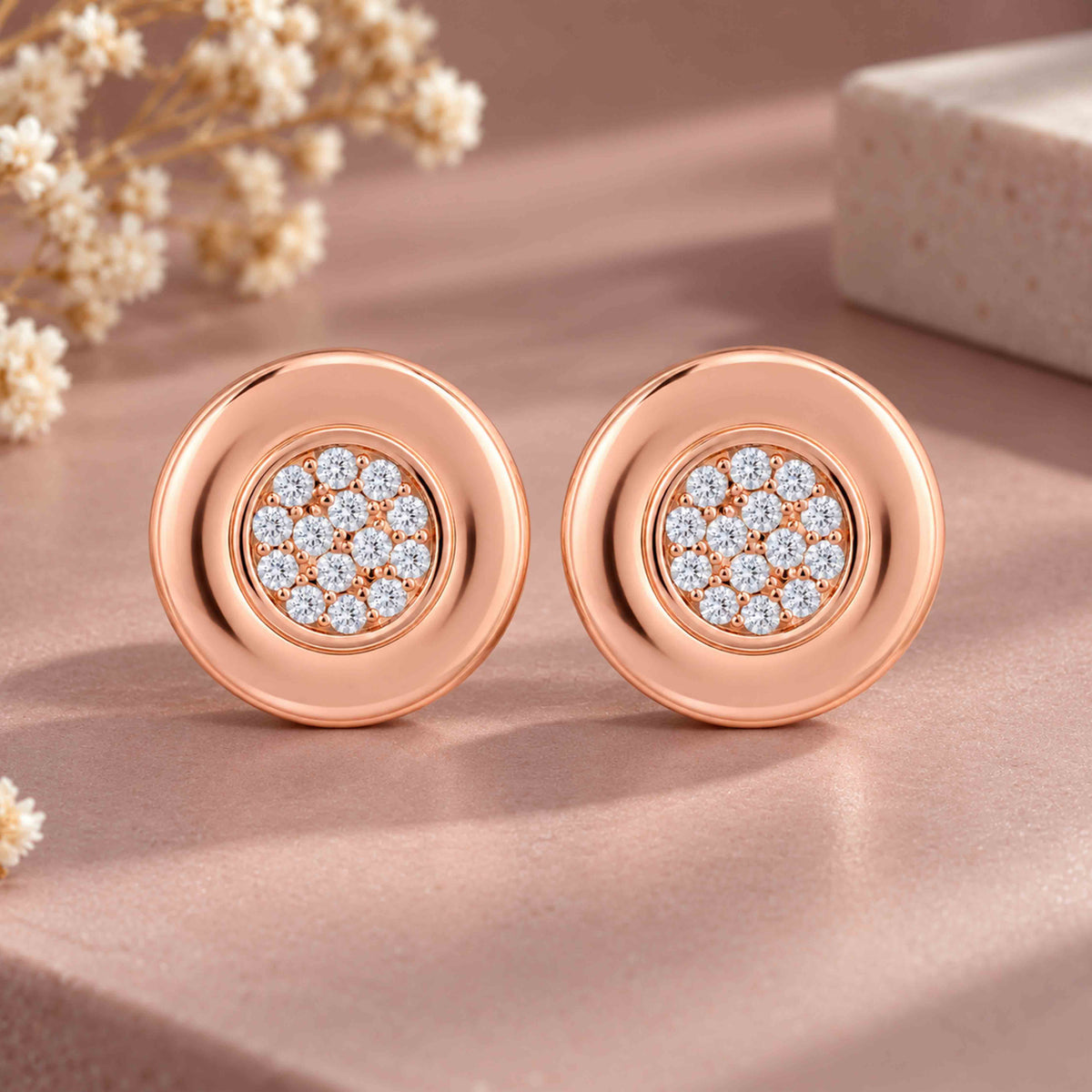 Rose Gold Pave Crystal Disk Silver Earring