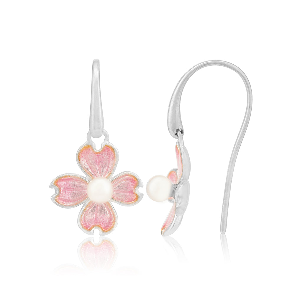 Rose Tinted 925 Rhodium Plated Clover Flower Rhodium Plated Hook Earrings