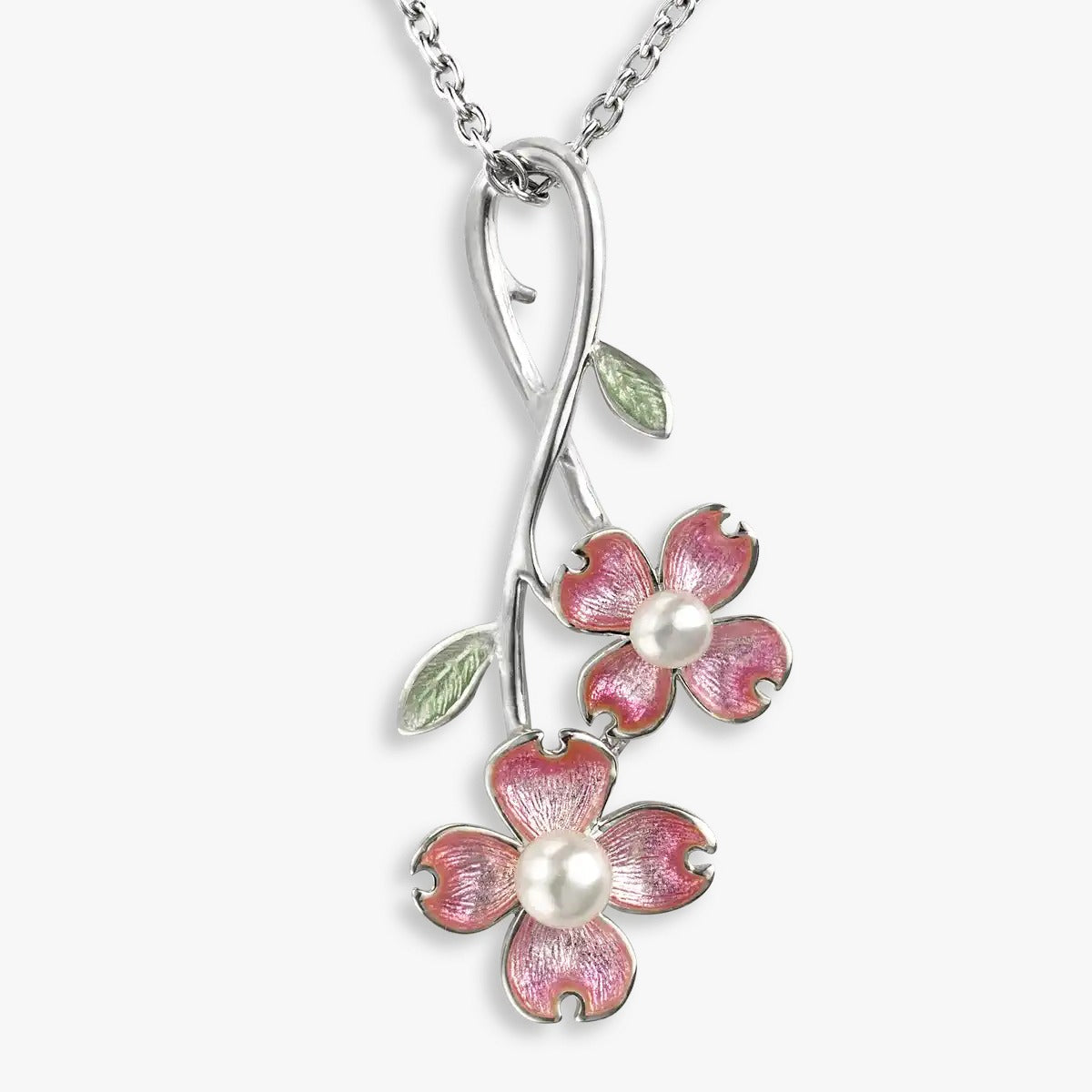 Rose Tinted Leaf Detailing Rhodium Plated Clover Flower Chain Pendants