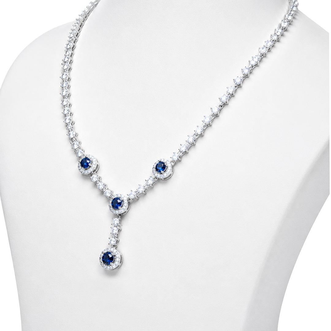 Royal Blue Cluster Stone Drop 925 Sterling Silver Necklace for Women