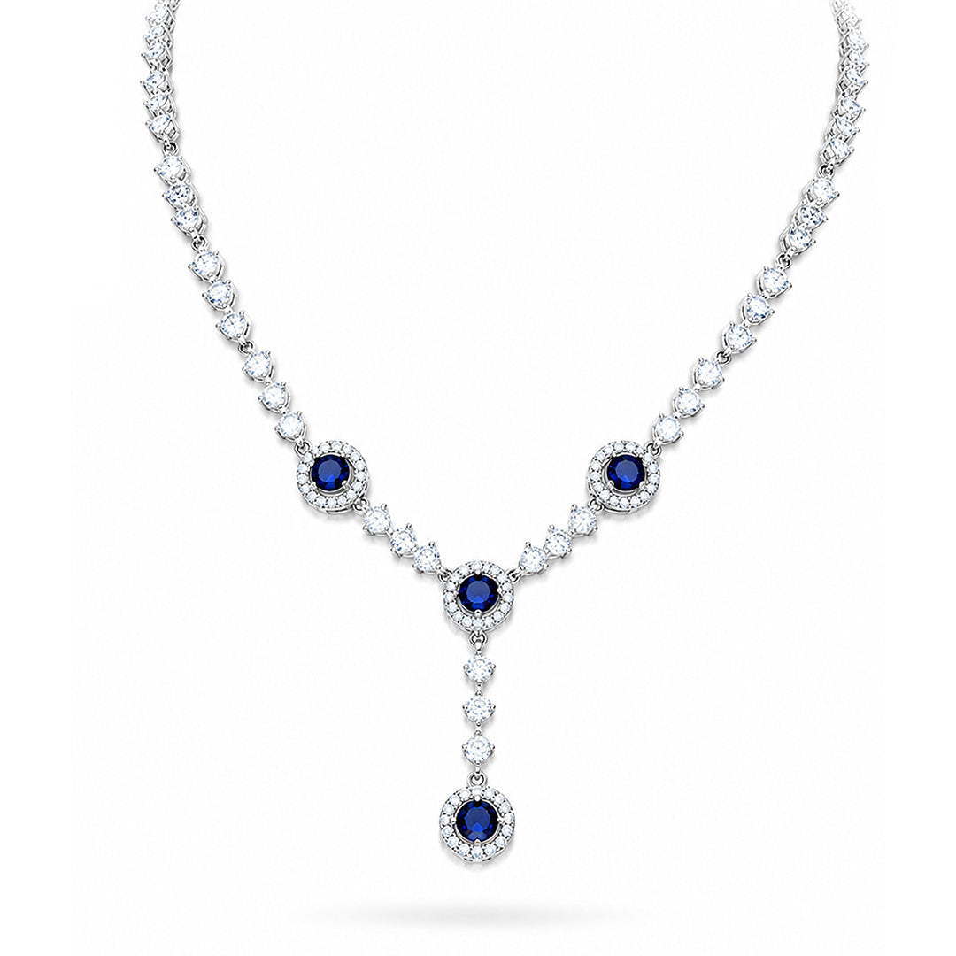 Royal Blue Cluster Stone Drop 925 Sterling Silver Necklace for Women
