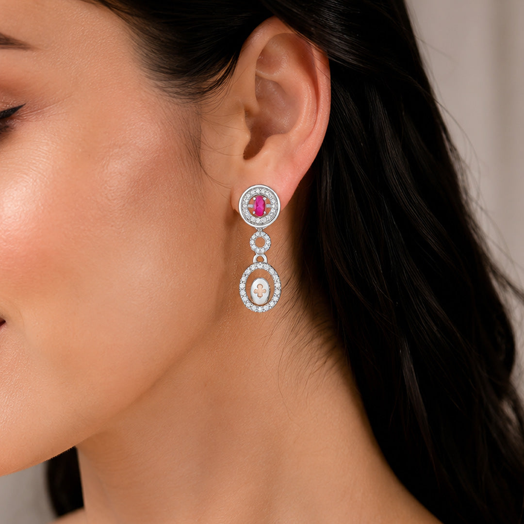 Royal Oval Pink Gemstone Halo Silver Drop Earrings