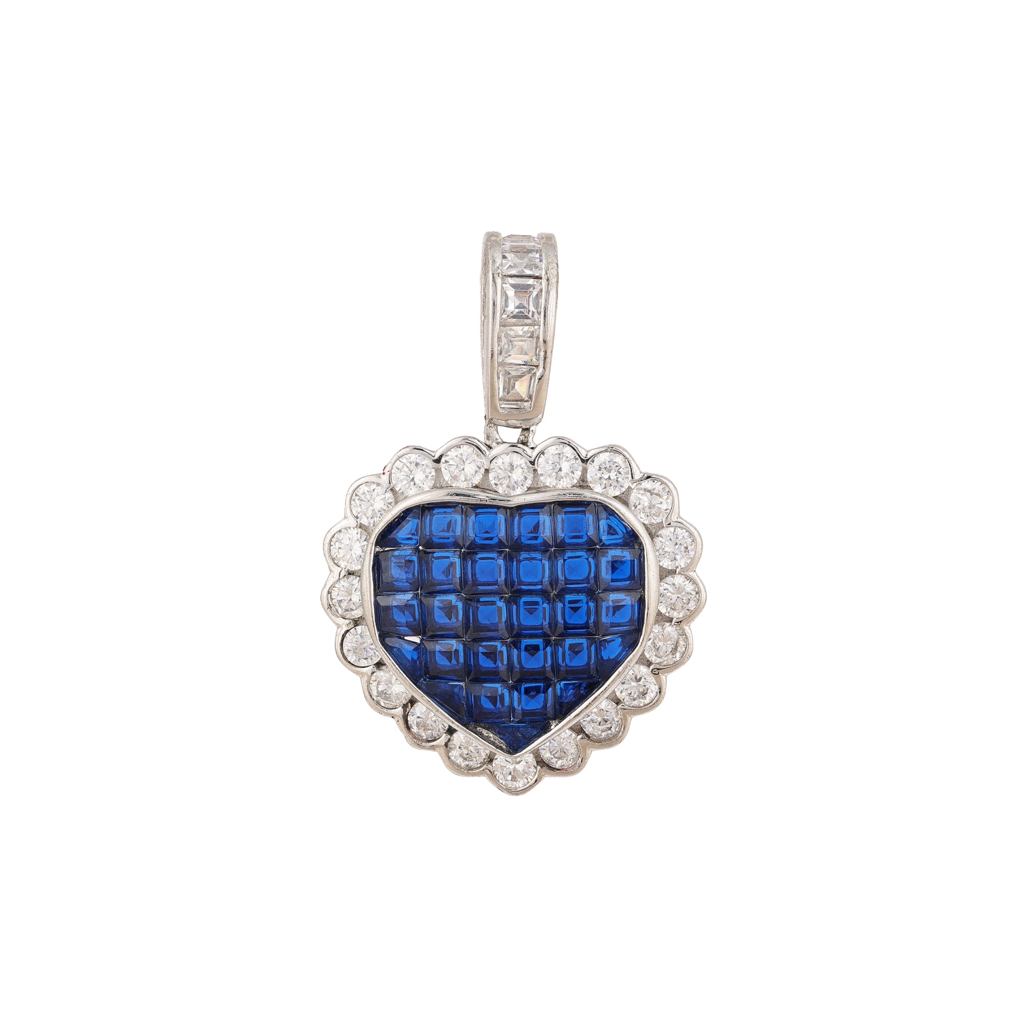 Heart-shaped pendant with blue gemstone and diamond accents on a white background