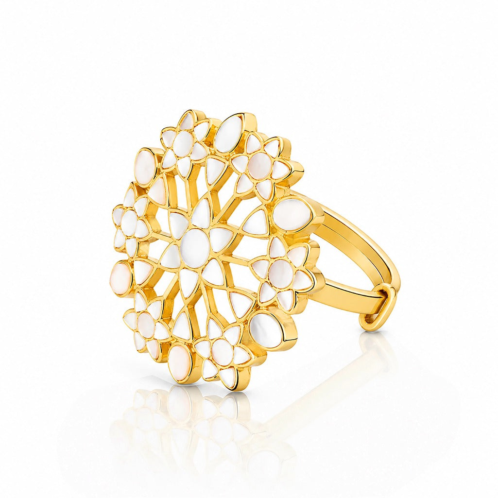 Royal Filigree Marguerite 24K Gold Plated White Enamel Cocktail Ring