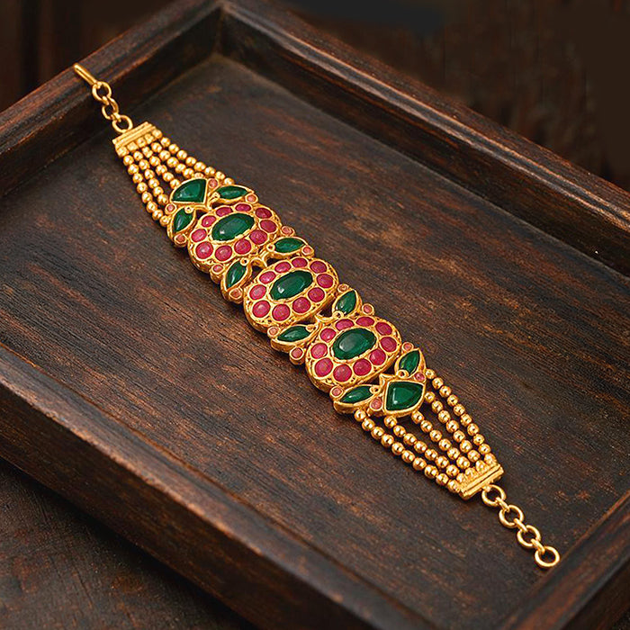 Royal Kundan Floral Pink Green Gold Silver Plated Bracelet
