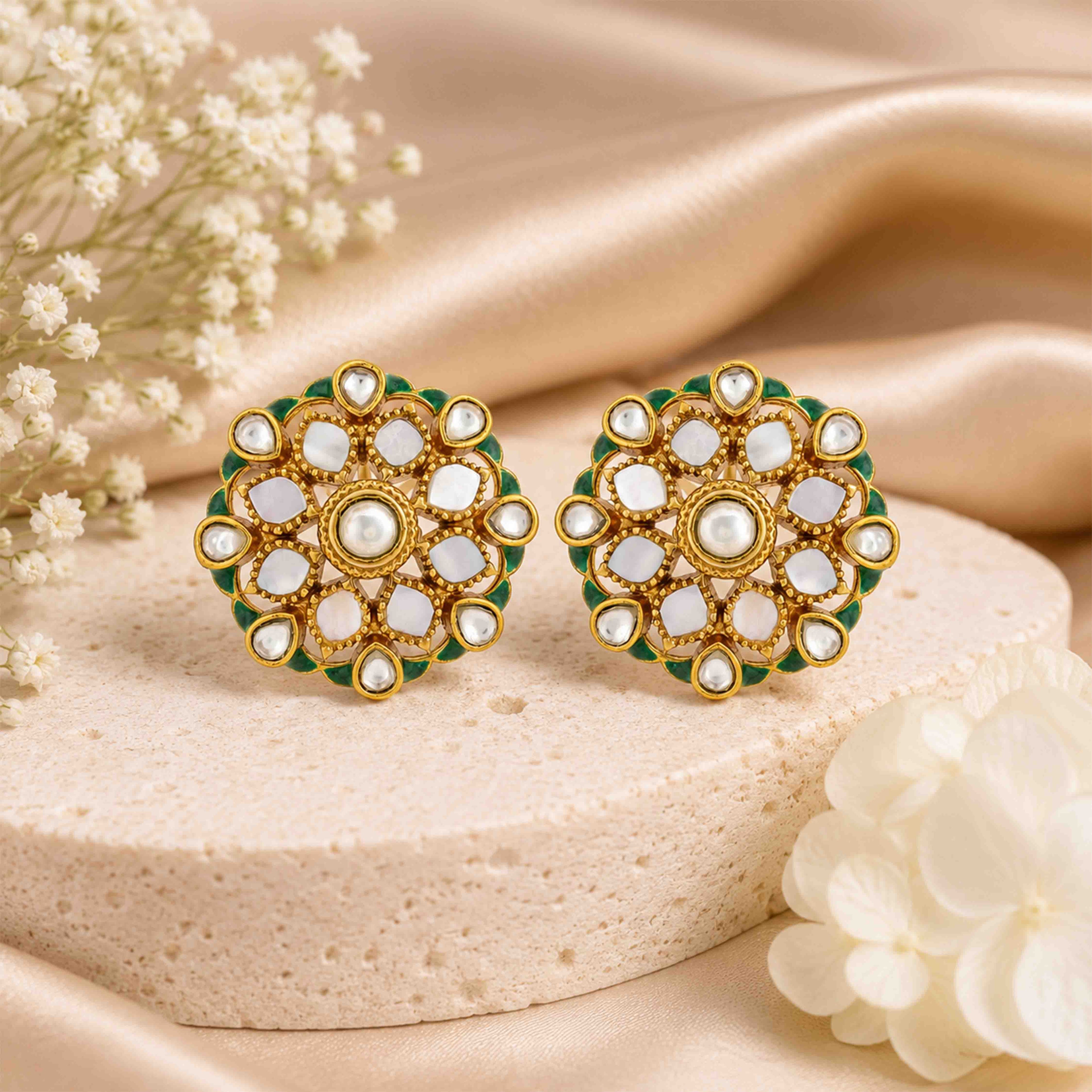 Royal Kundan Silver Floral Stud Earrings