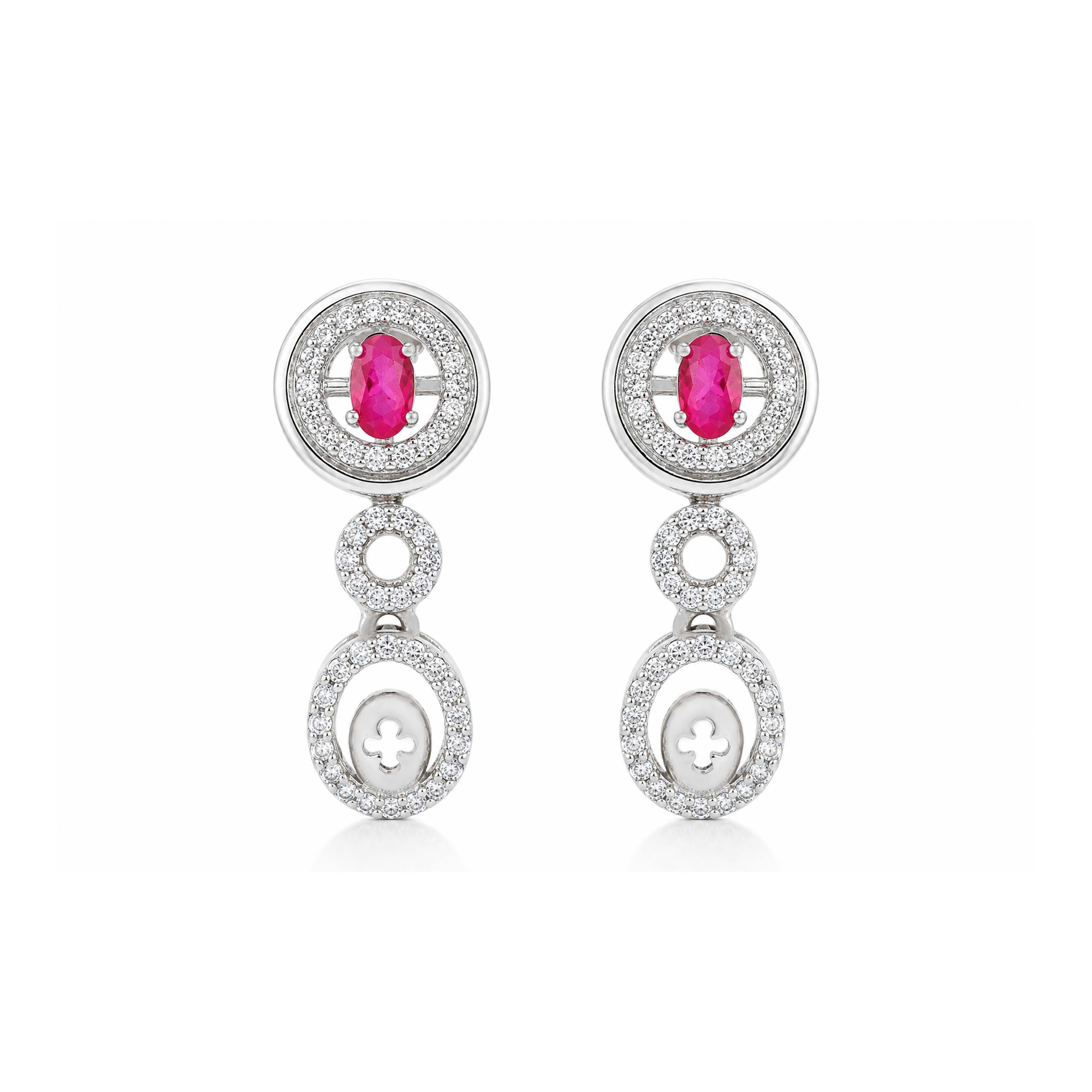 Royal Oval Pink Gemstone Halo Silver Drop Earrings