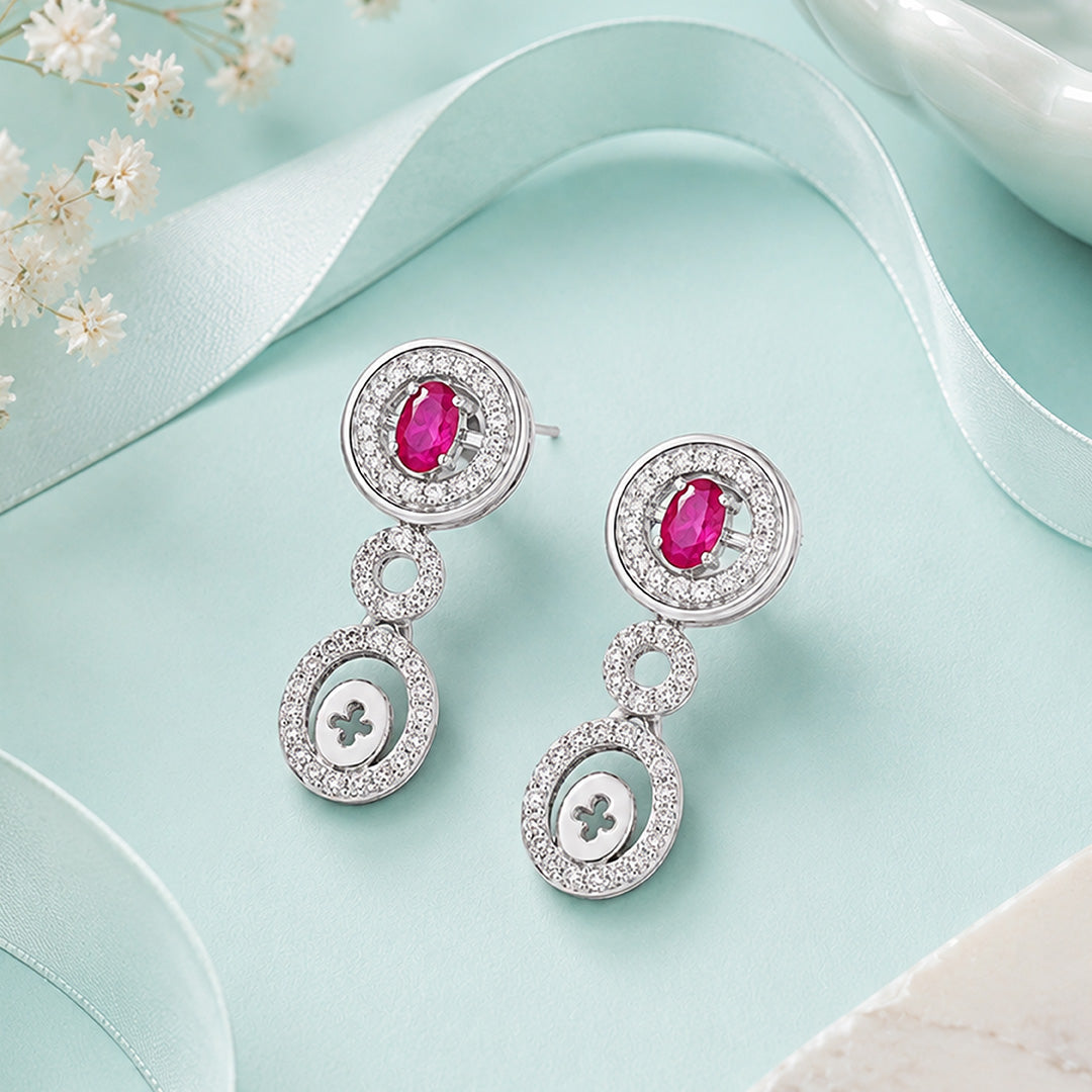 Royal Oval Pink Gemstone Halo Silver Drop Earrings