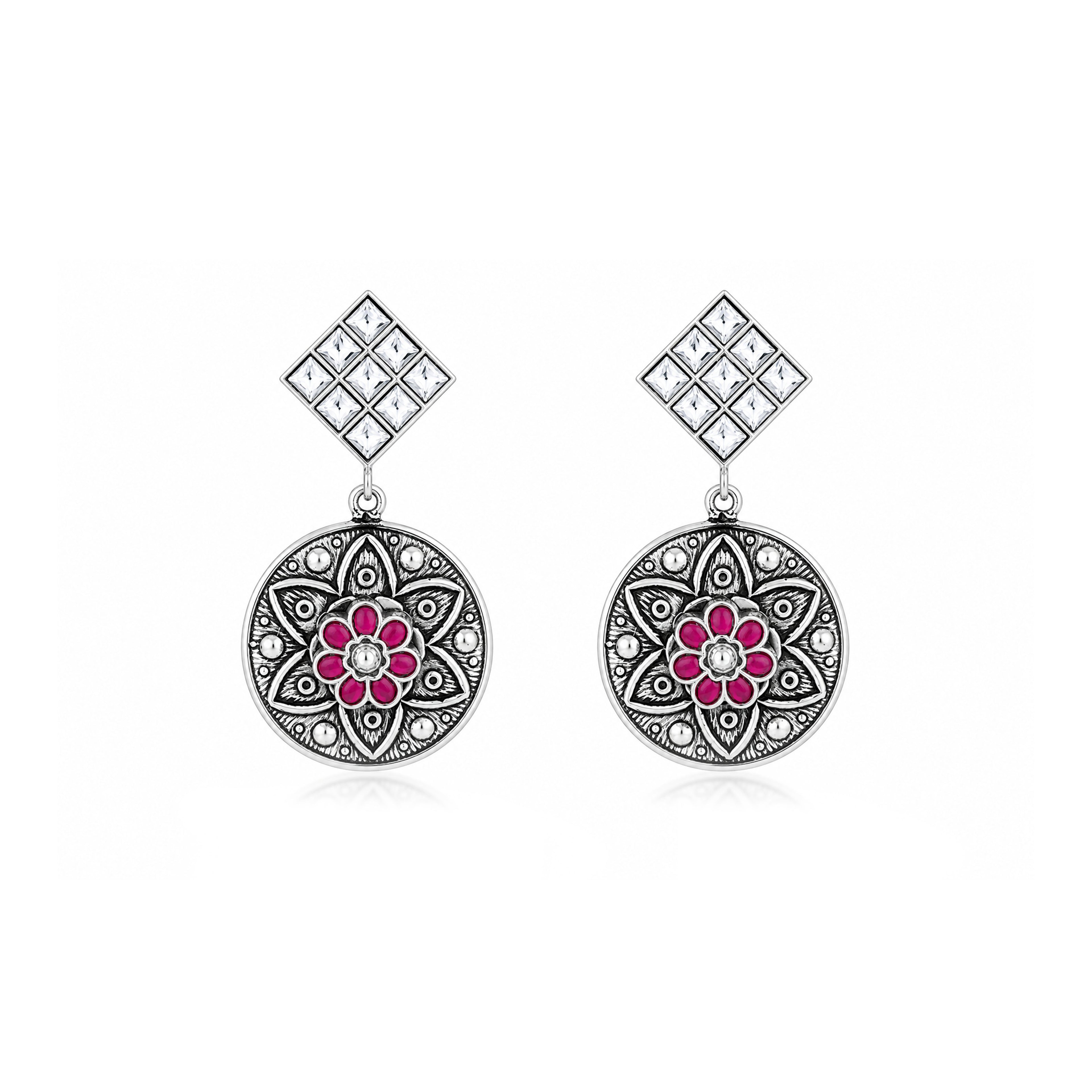 Ruby Mandala Bloom 925 Sterling Silver Statement Earring