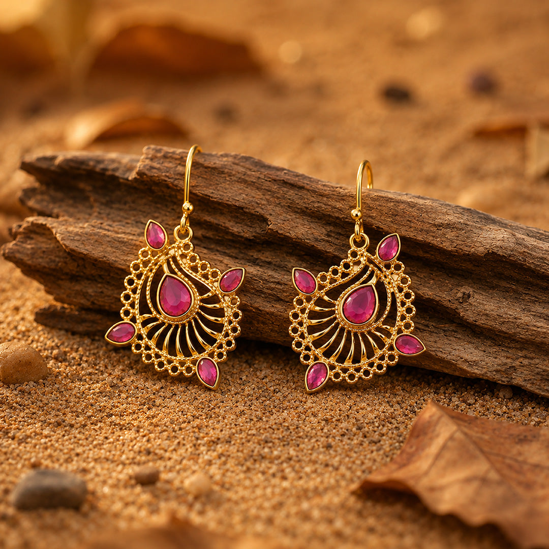 Ruby Paisley 925 Sterling Silver Filigree Drop Earrings