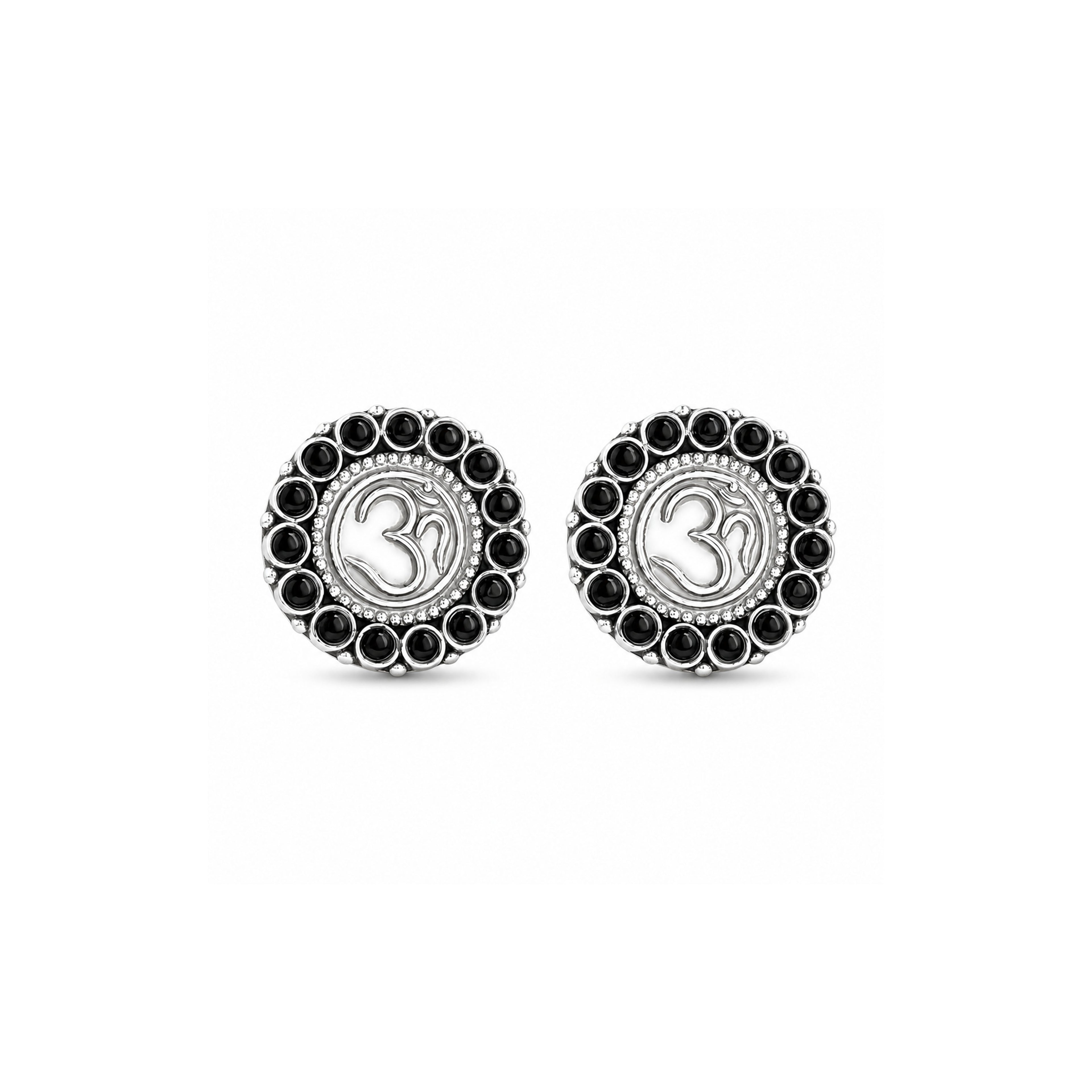 Sacred Om Silver Black Onyx Beaded Halo Stud Earrings