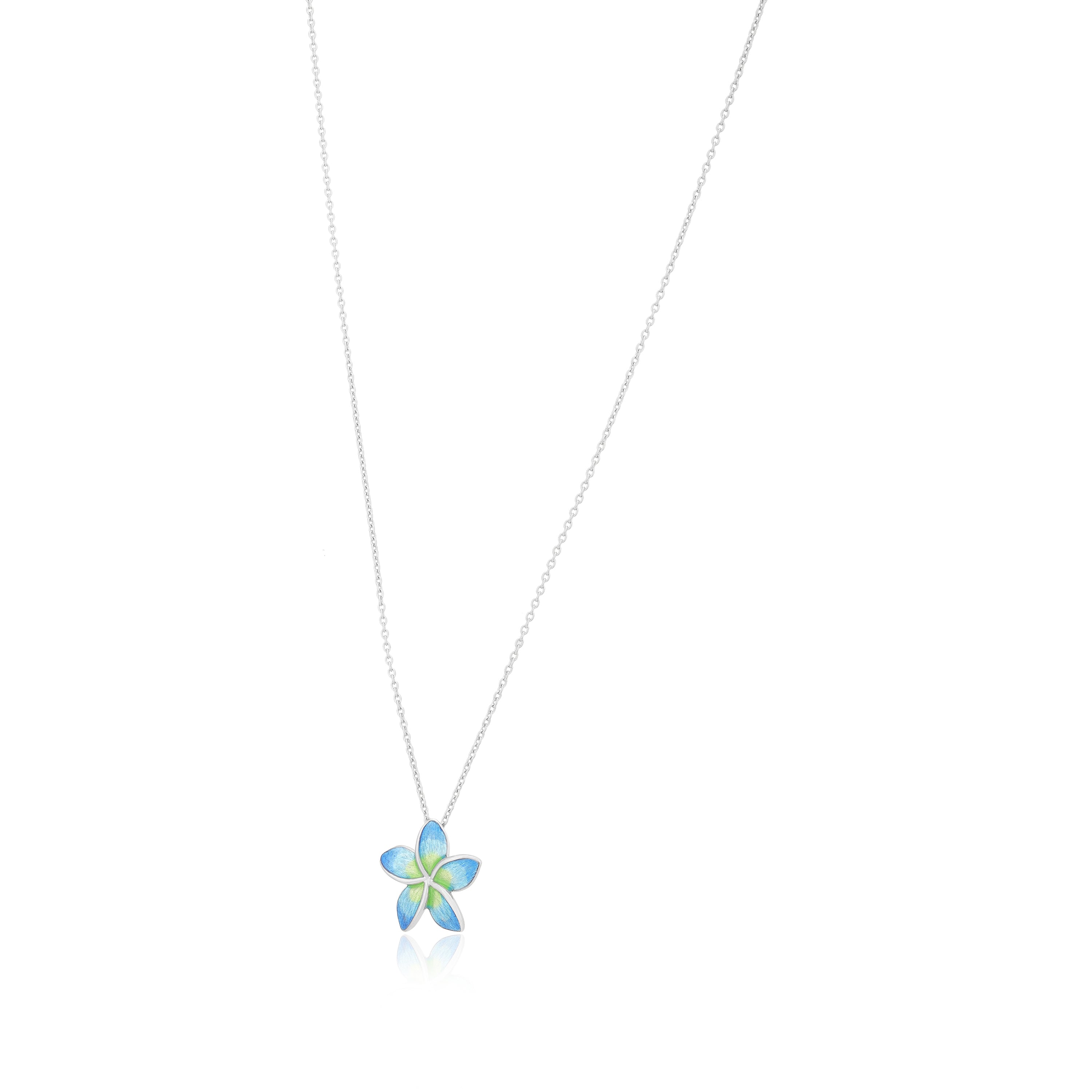 Serene Blue Green Plumeria 925 Rhodium Plated Chain Pendants