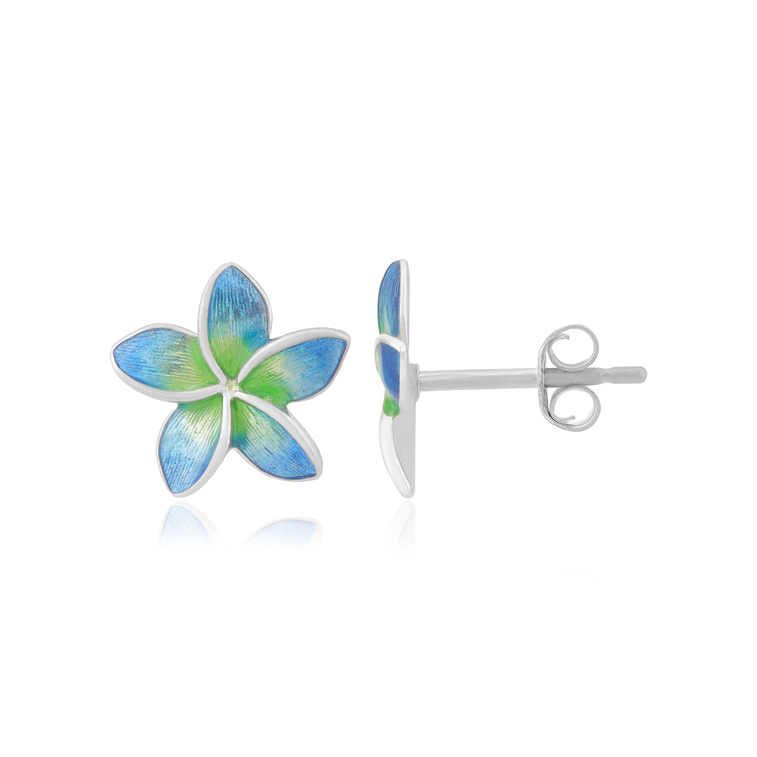 Serene Blue Green Plumeria 925 Rhodium Plated Studs