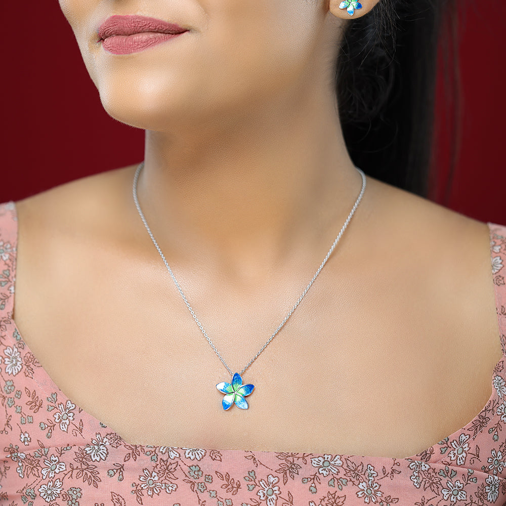 Serene Blue Green Plumeria Rhodium Plated 925 Chain Pendants